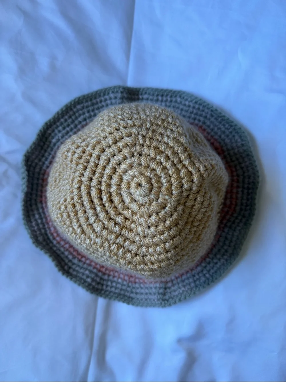 Crocheted Bucket Hat with Neutral Stripes - Beige, Brown & Pink
